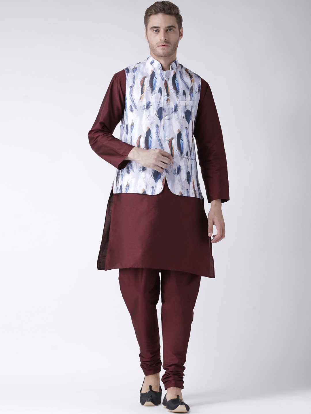 

Hangup Raw Silk Kurta & Churidar With Printed Nehru Jacket, Maroon