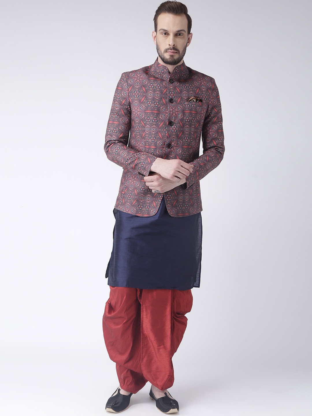 

Hangup Men Blue Raw Silk Kurta with Dhoti Pants & Jacket, Navy blue