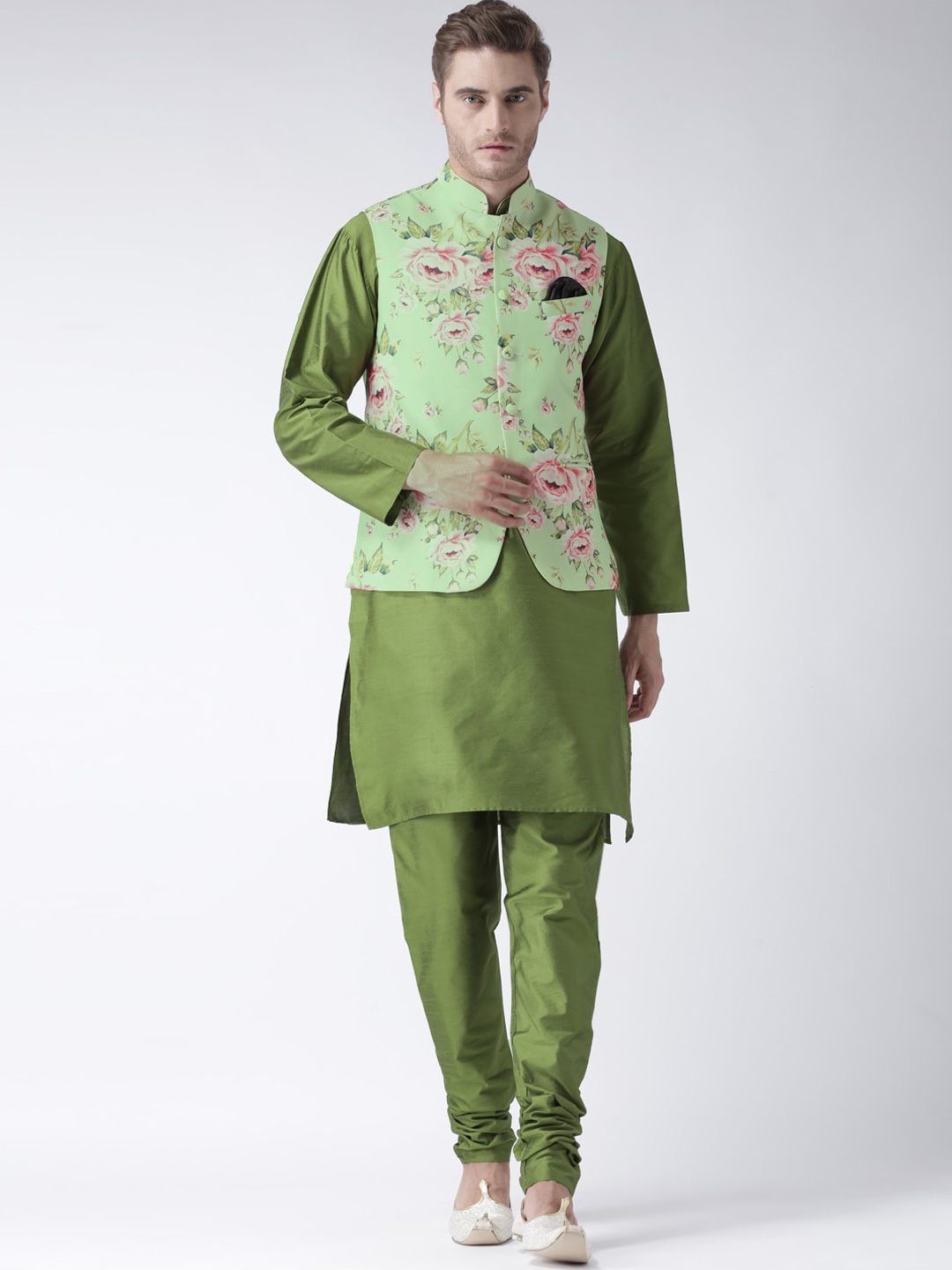 

Hangup Men Floral Raw Silk Kurta with Pyjamas & Nehru Jacket, Green
