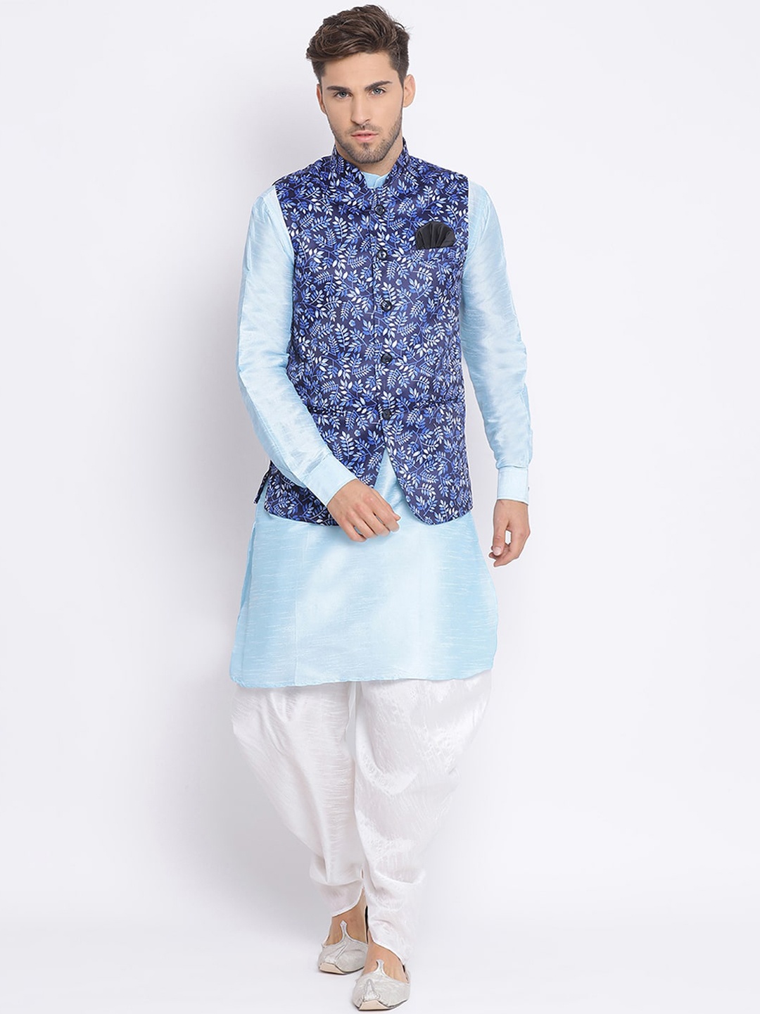 

Hangup Men Mandarin Collar Kurta with Dhoti Pants & Nehru Jacket, Blue