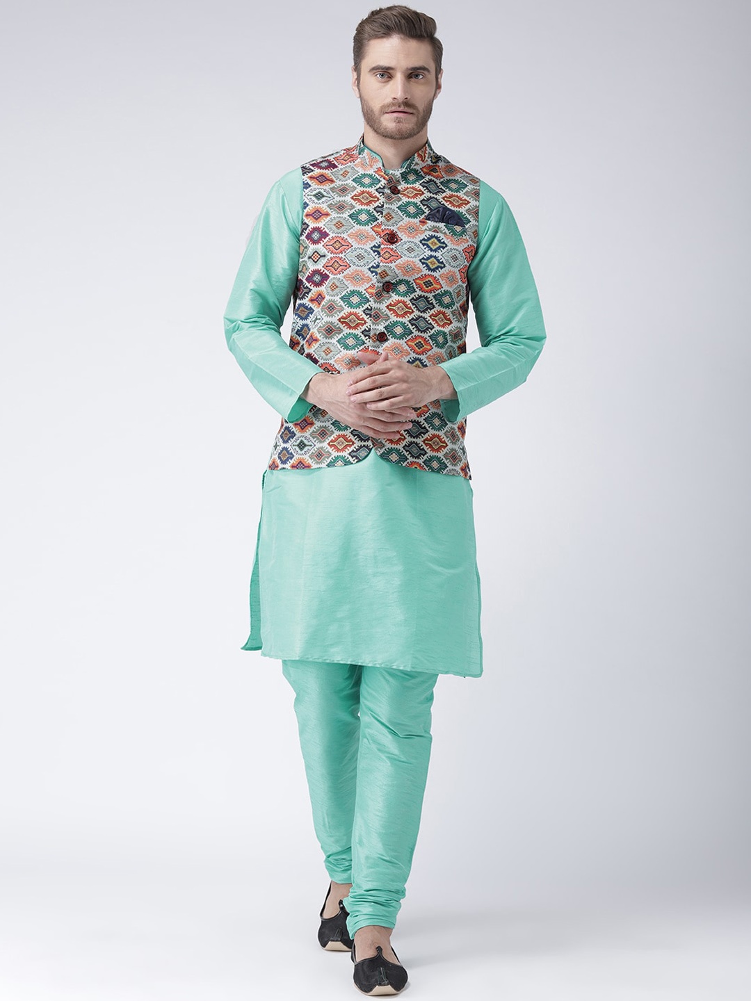 

Hangup Men Kurta with Pyjamas & Printed Nehru jacket, Green