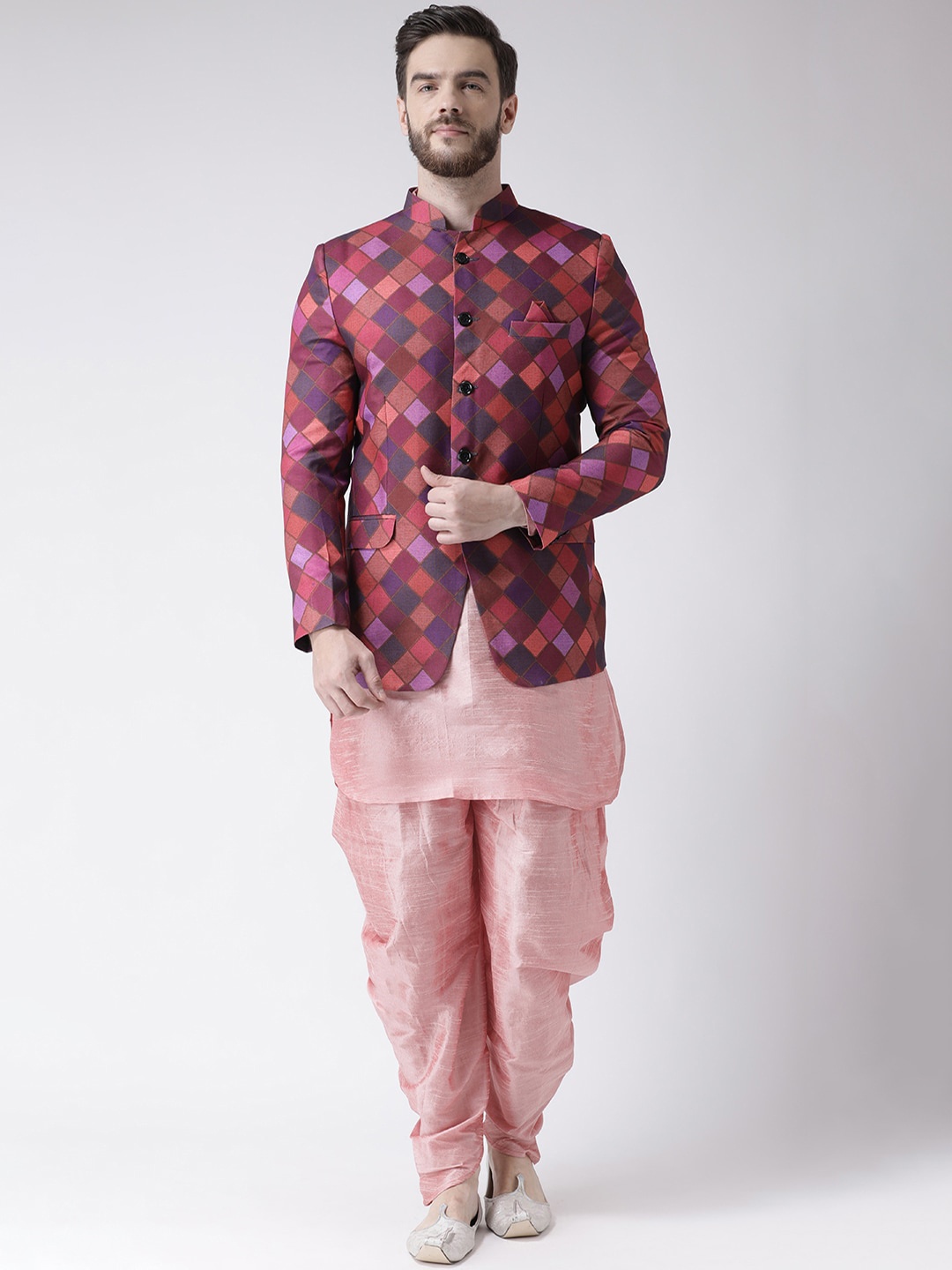 

Hangup Men Mandarin Collar Kurta with Dhoti Pants With Nehru Jacket, Pink