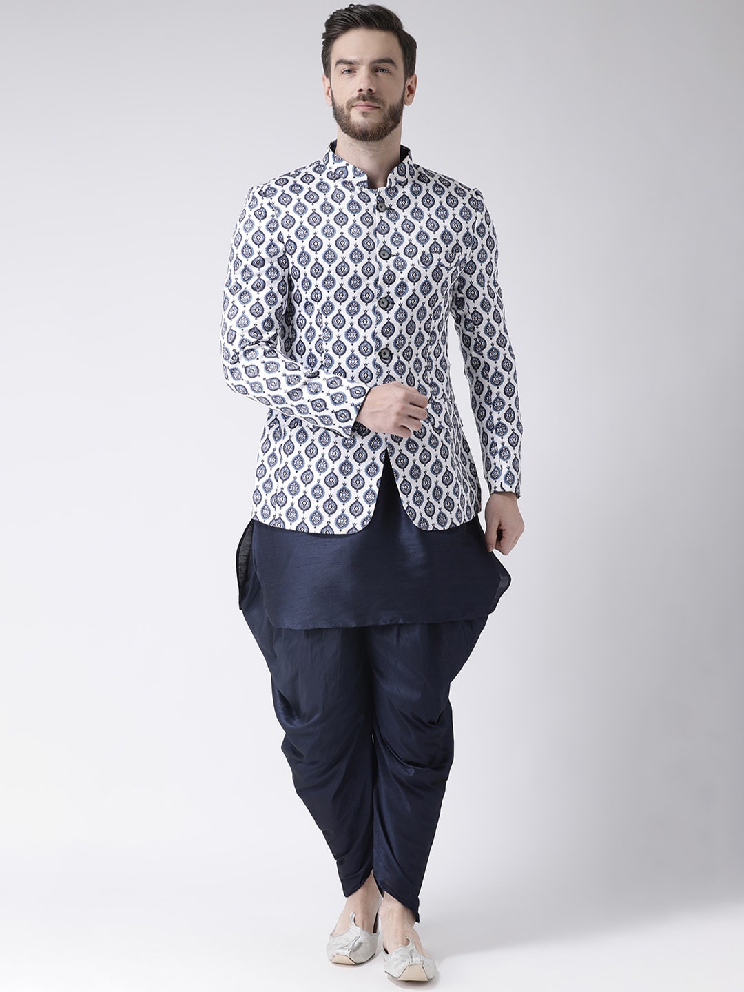 

Hangup Men Mandarin Collar Kurta with Dhoti Pants & Jacket, Navy blue