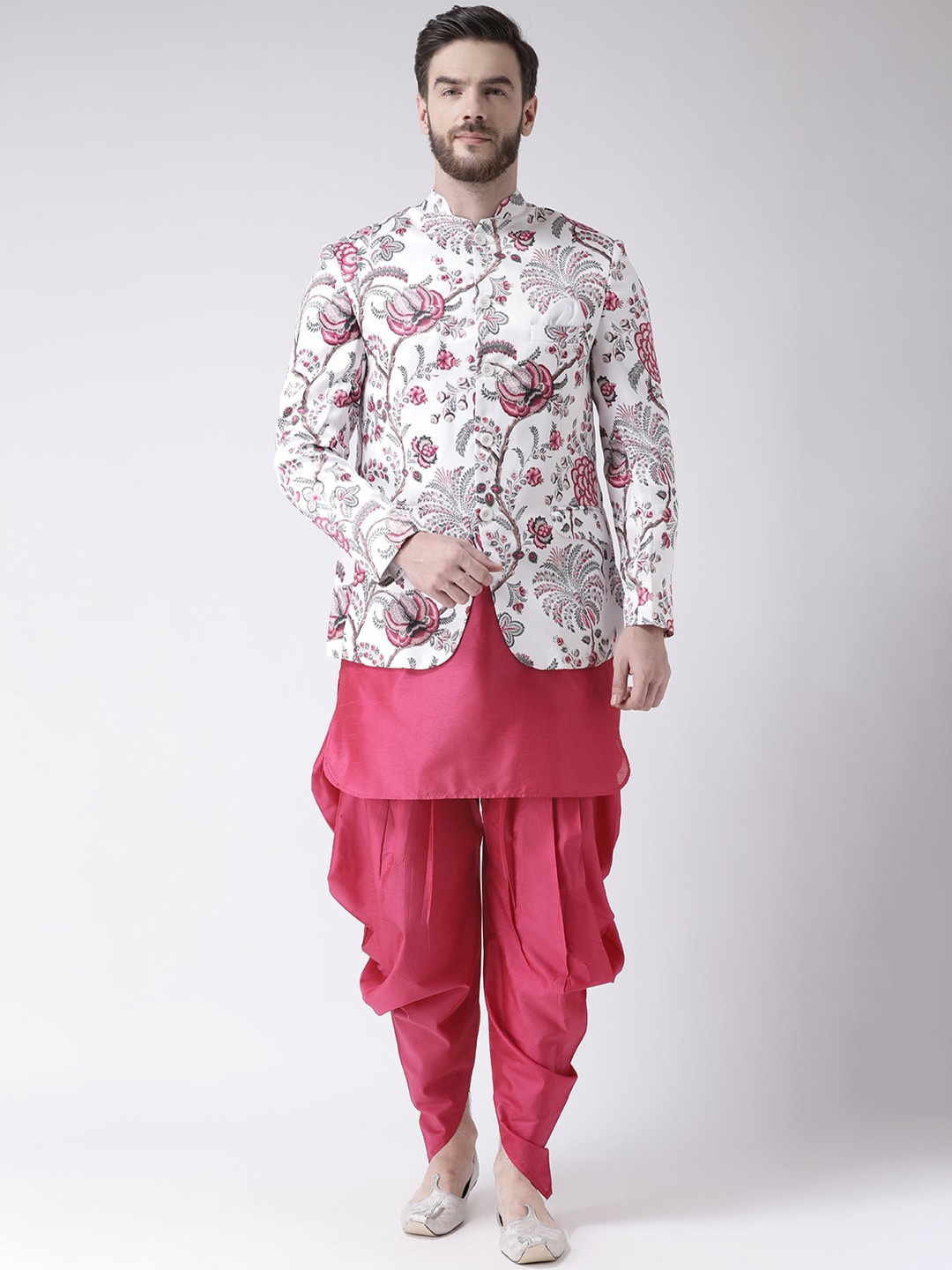 

Hangup Men Pink Kurta with Dhoti Pants & Nehru Jacket