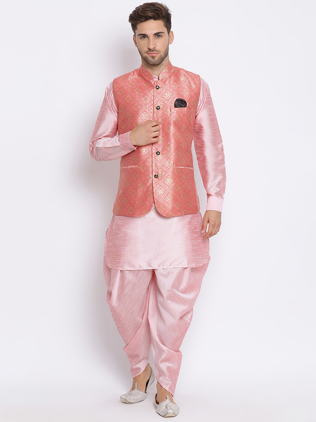 

Hangup Men Mandarin Collar Kurta with Harem & Nehru Jacket, Pink