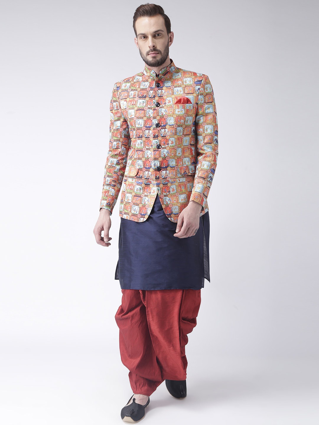

Hangup Men Raw Silk Kurta with Dhoti Pants & Jacket Set, Blue