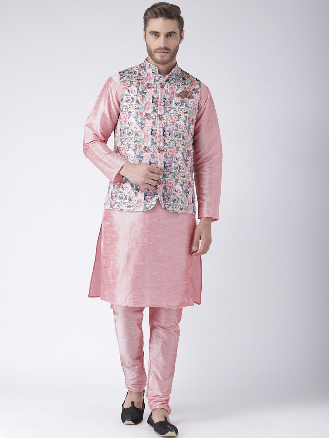 

Hangup Men Kurta with Pyjamas & Nehru Jacket Set, Pink