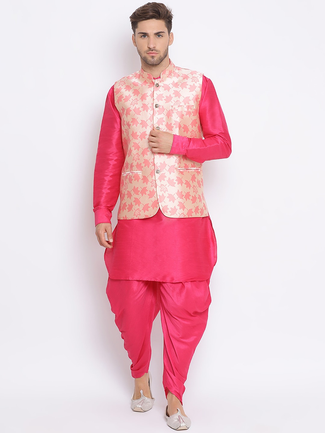 

Hangup Men Kurta with Dhoti Pants & Nehru Jacket Set, Pink