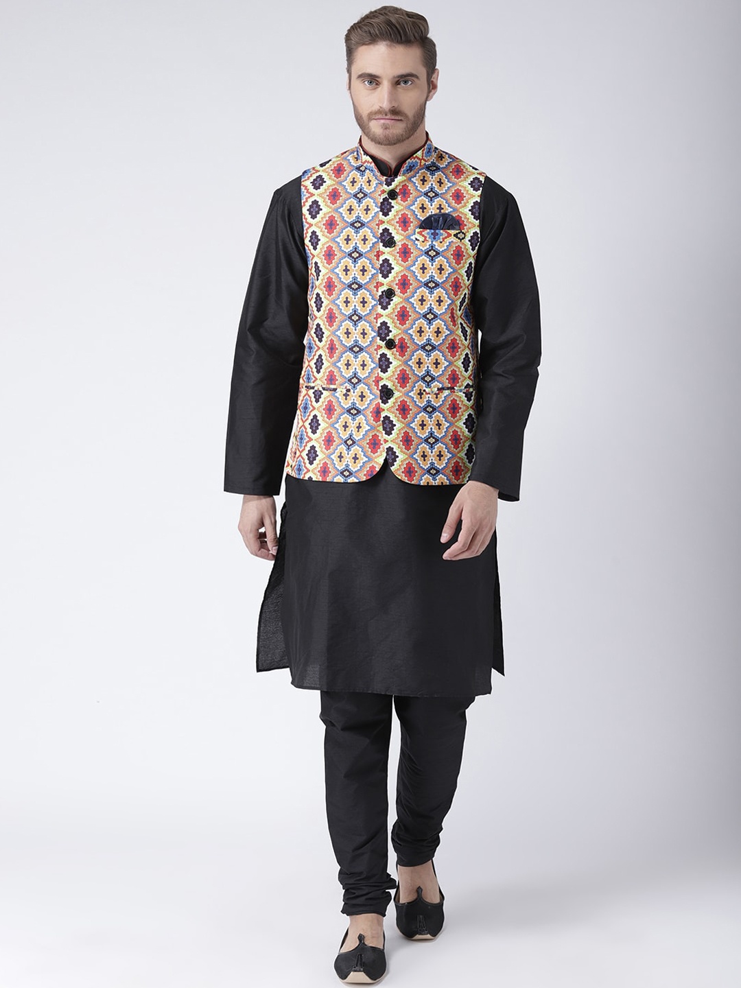 

Hangup Men Black Linen Kurta with Churidar & Nehru Jacket