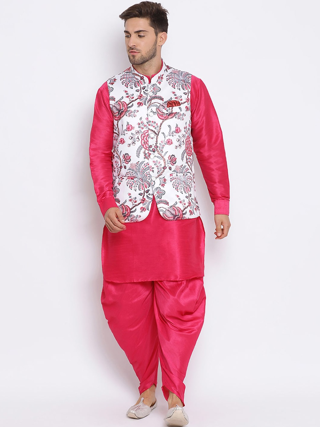 

Hangup Men Mandarin Collar Kurta with Harem & Nehru Jacket, Pink