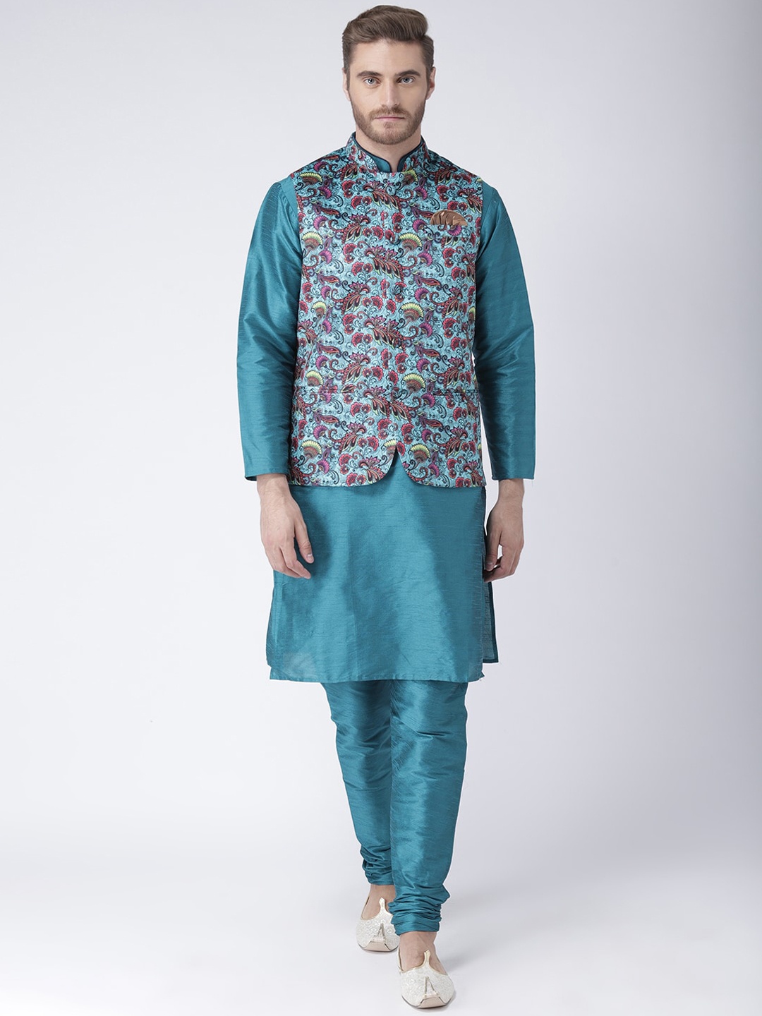 

Hangup Men Kurta With Churidar & Nehru Jacket, Teal