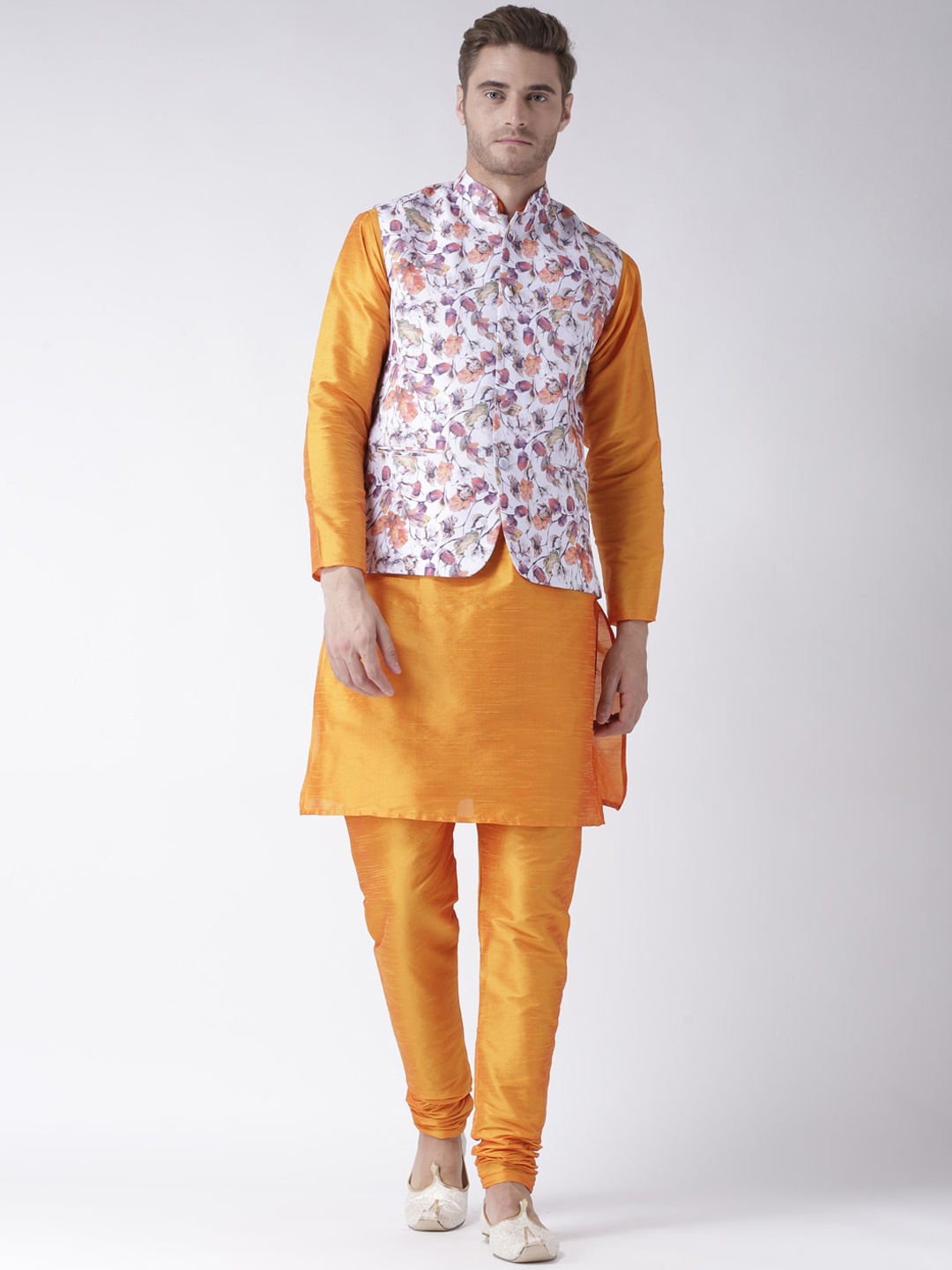 

Hangup Men Mandarin Collar Kurta with Churidar & Nehru Jacket, Gold