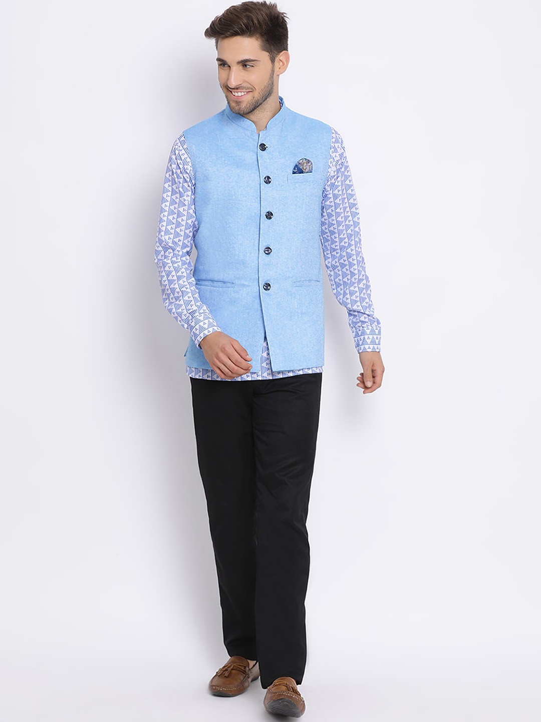 

hangup trend Men Printed Kurta with Trousers & Nehru Jacket, Blue