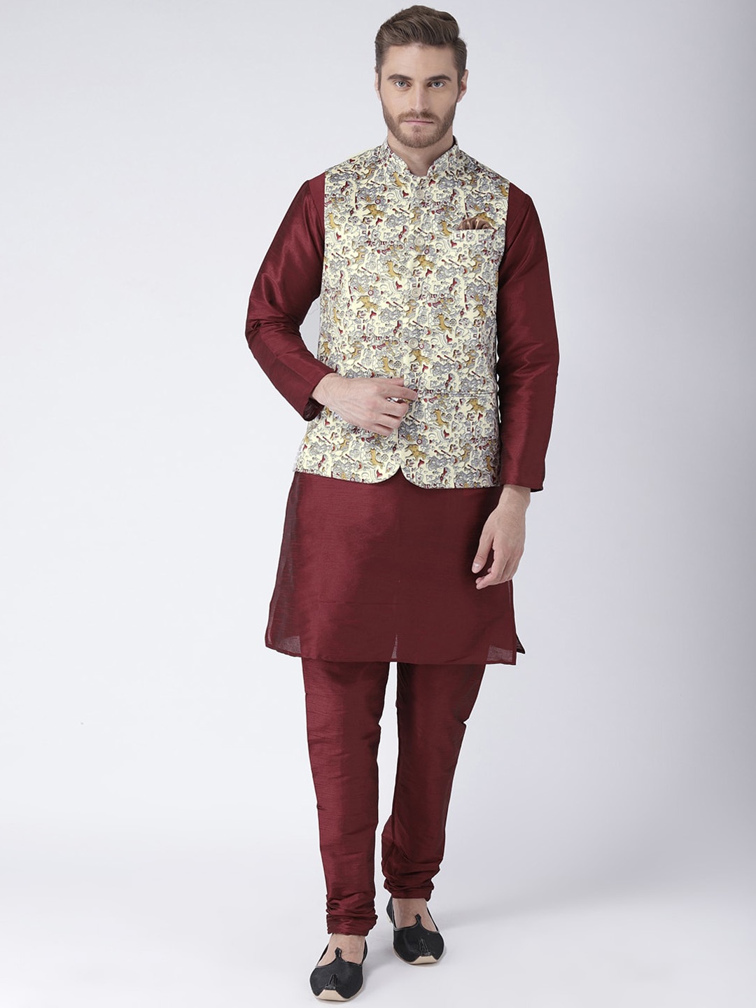 

hangup trend Men Linen Kurta with Churidar & Nehru Jacket, Maroon