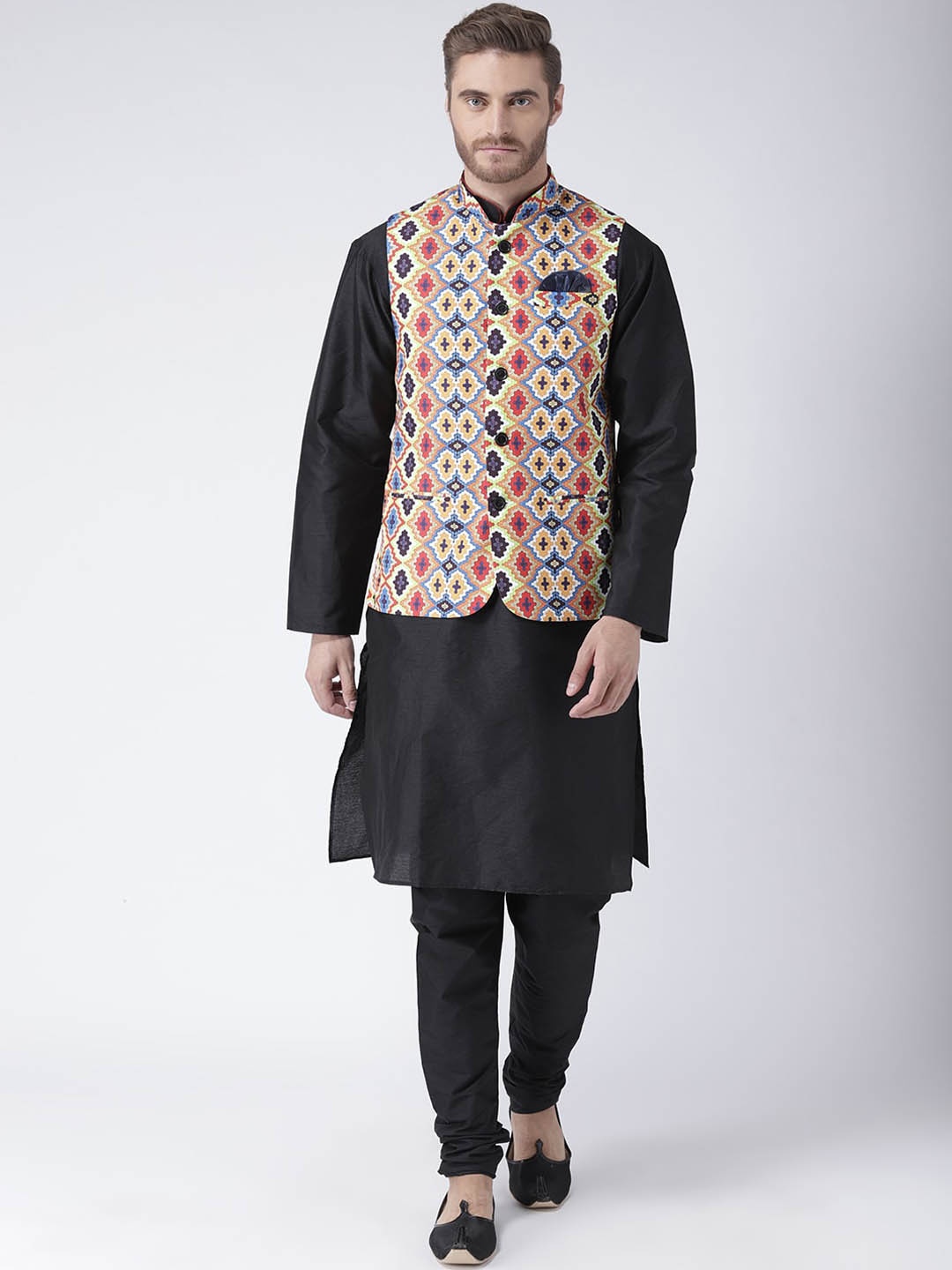 

hangup trend Men Linen Straight Kurta with Churidar & With Printed Nehru jacket, Black