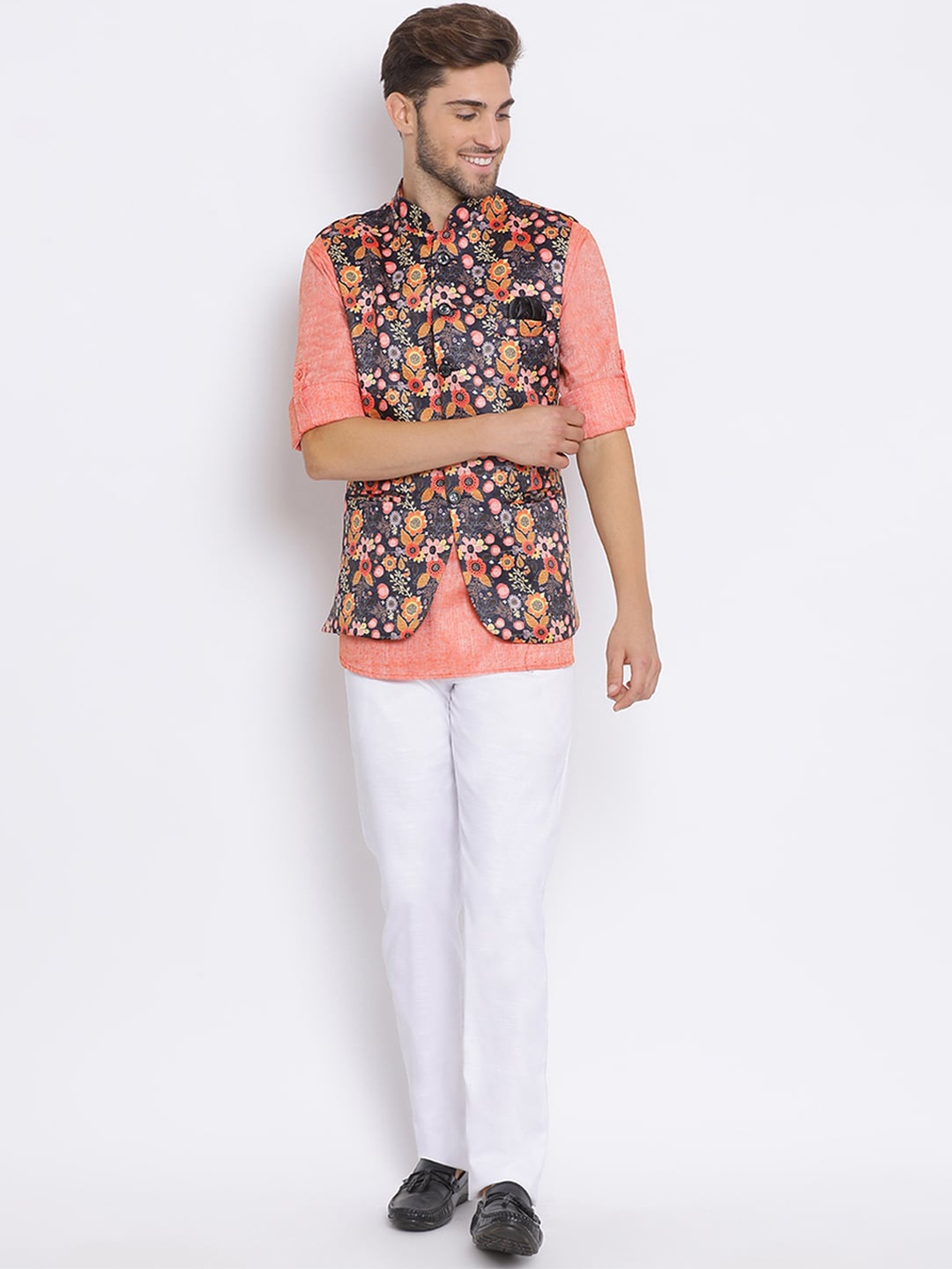 

hangup trend Men Mandarin Collar Straight Kurta with Pyjamas & With Printed Nehru jacket, Coral
