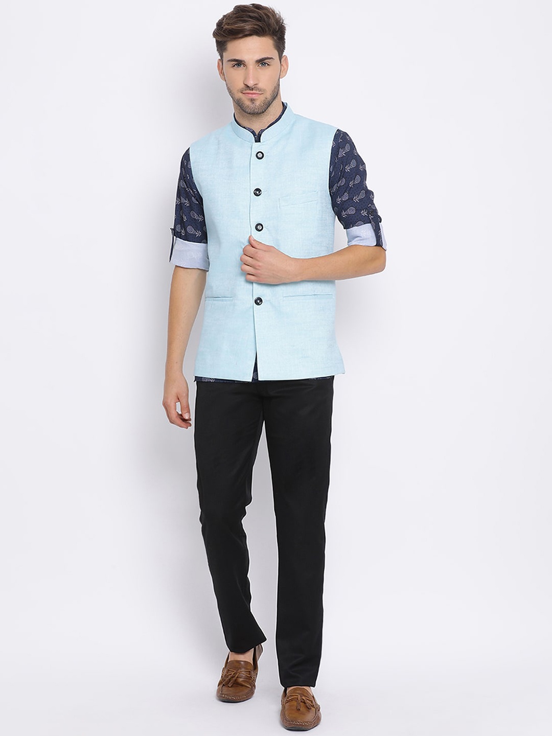 

hangup trend Men Ethnic Motifs Printed Kurta & Trousers With Nehru jacket, Navy blue