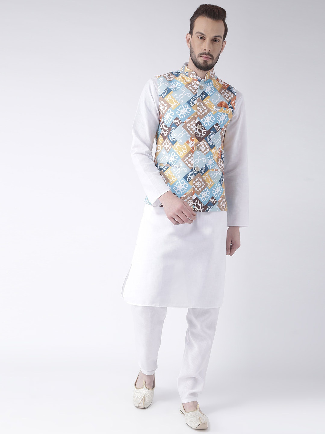 

hangup trend Men Kurta with Pyjamas and Printed Nehru jacket, White