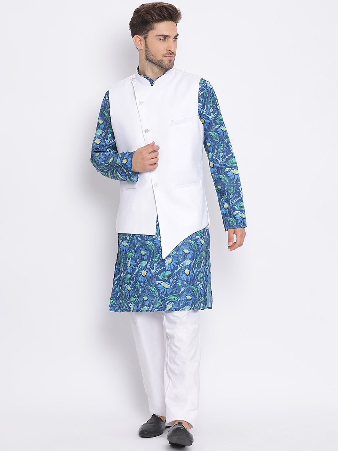 

hangup trend Men Printed Kurta Set With Nehru Jacket, Blue