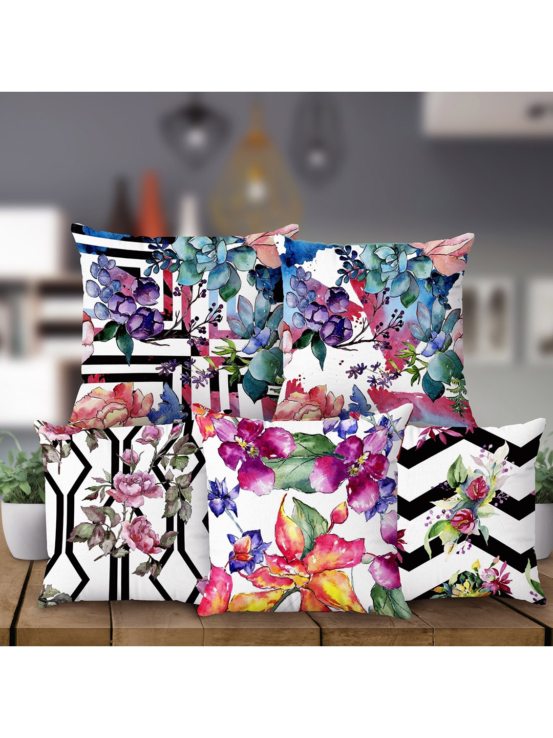 

Rubix Home White & Blue 5 Pcs Floral Square Cushion Covers