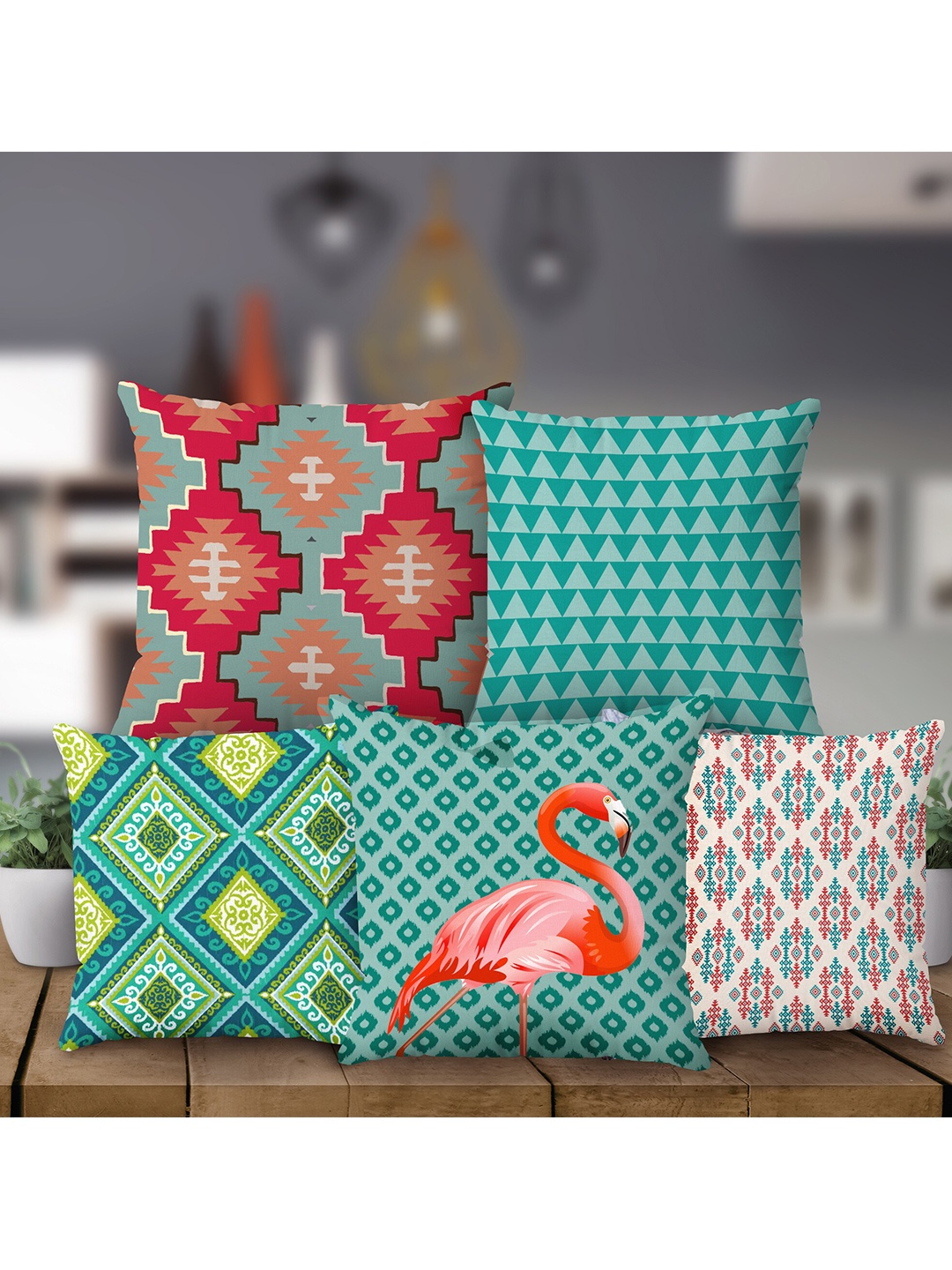 

Rubix Home Blue & Red 5 Pcs Ethnic Motifs Square Cushion Covers