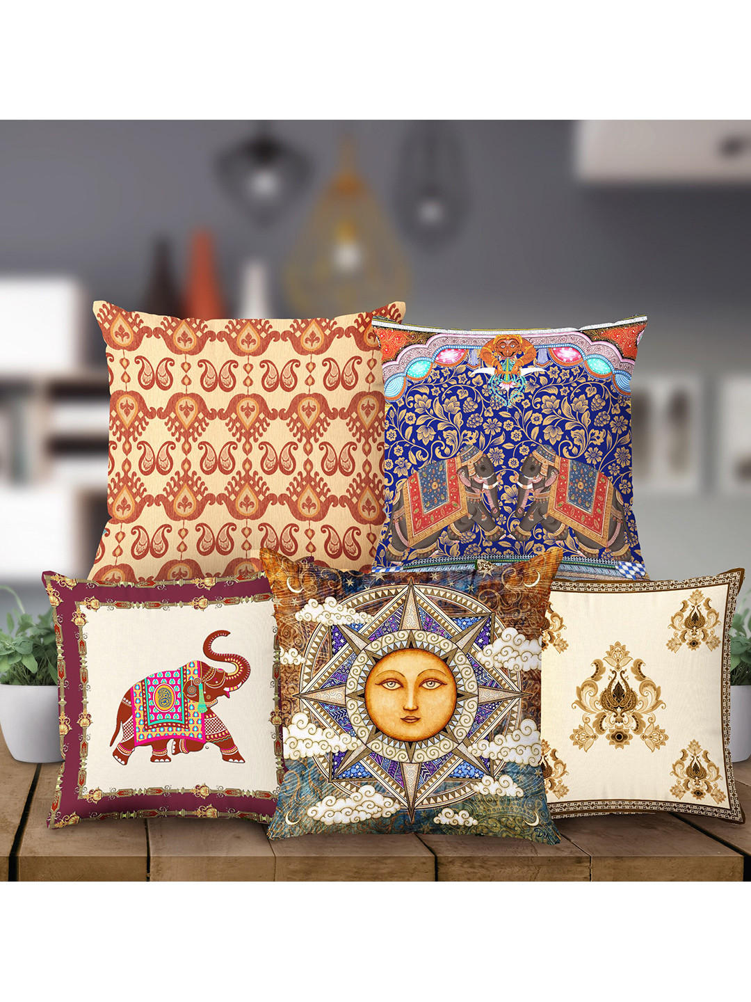 

Rubix Home Brown & Cream 5 Pieces Ethnic Motifs Square Cushion Covers