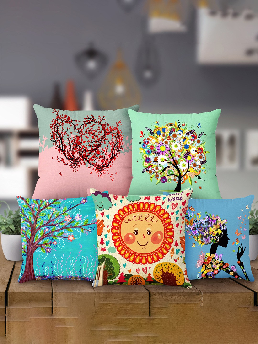

Rubix Home Green & Blue 5 Pcs Floral Square Cushion Covers
