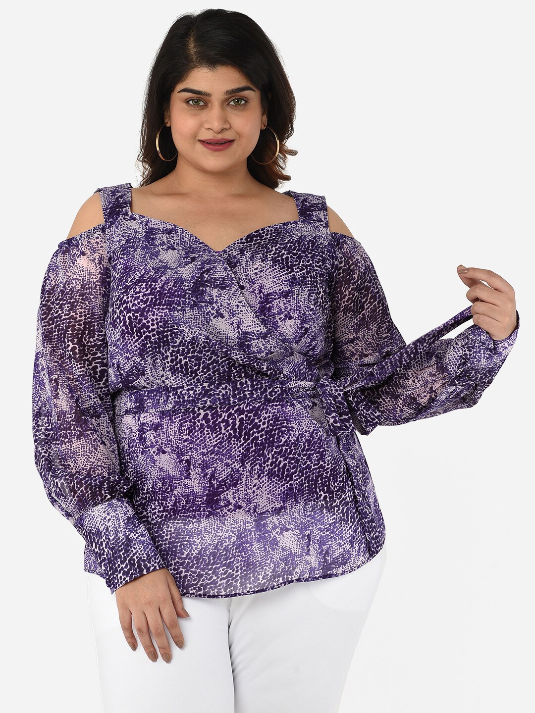 

Curvy Clan Abstract Printed Cold-Shoulder Wrap Top, Violet