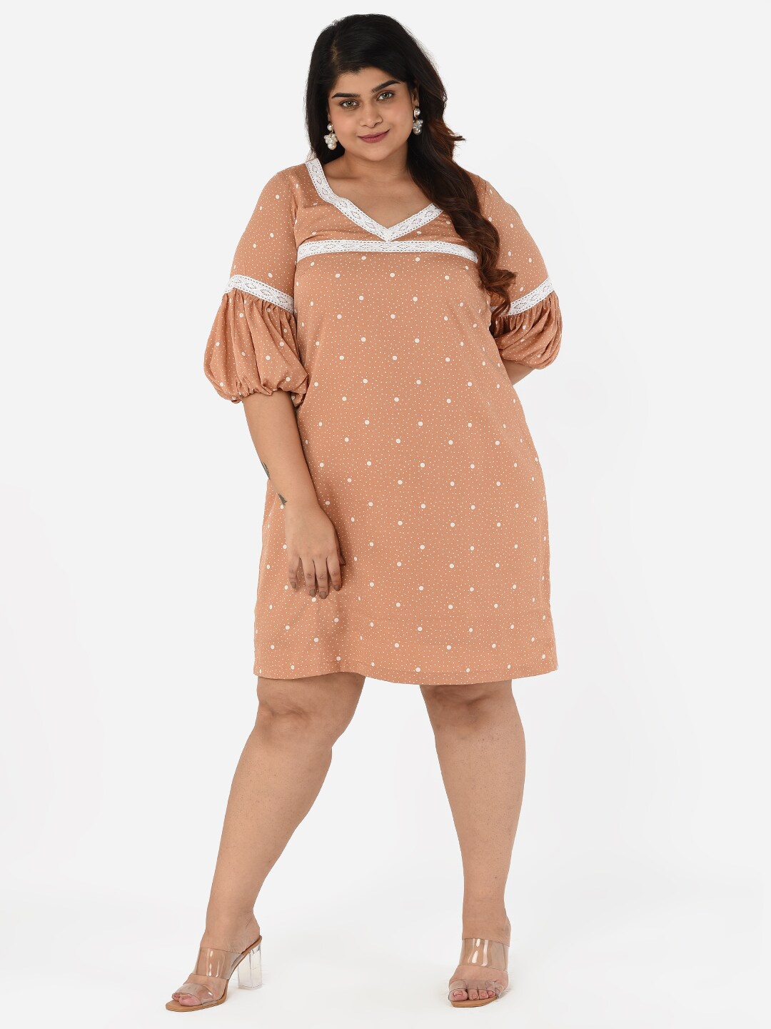 

Curvy Clan Polka Dots Crepe A-Line Dress, Brown