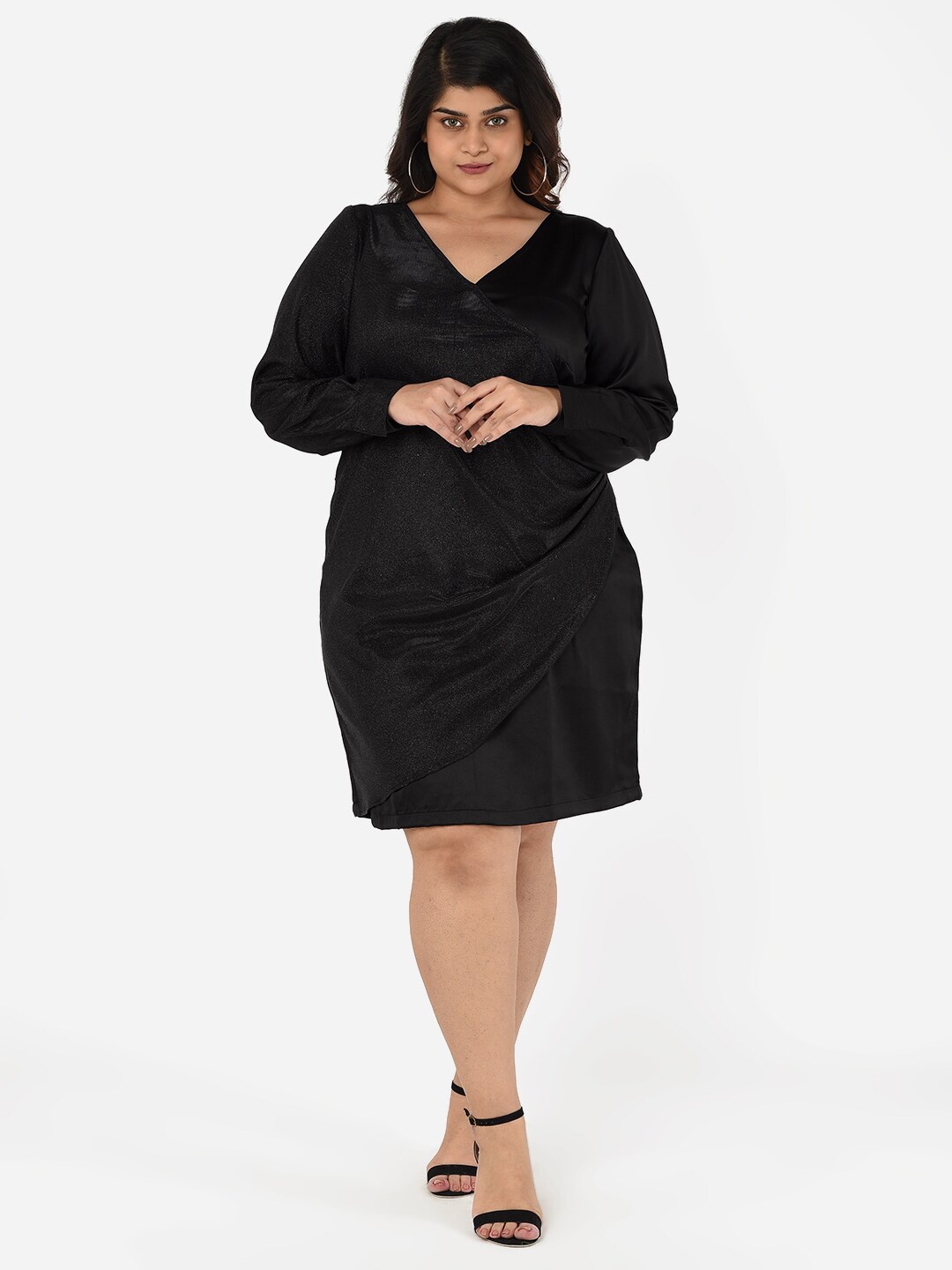 

Curvy Clan V-Neck Satin Sheath Dress, Black
