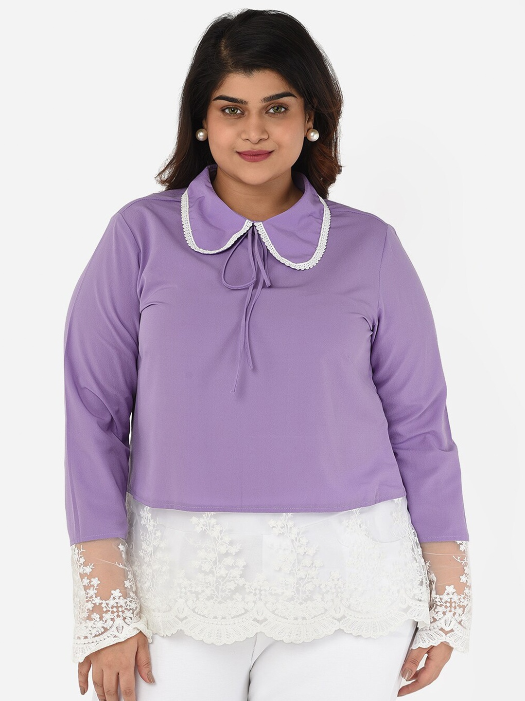 

Curvy Clan Plus Size Colourblocked Embroidered Peter Pan Collar Top, Lavender