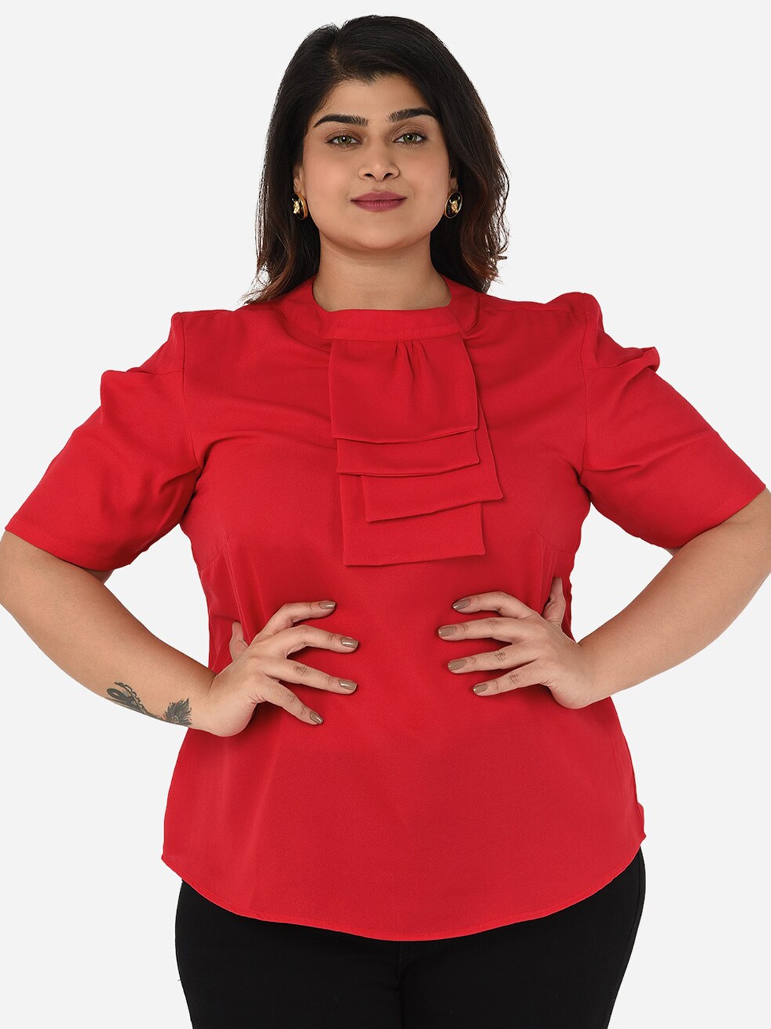 

Curvy Clan Puff Sleeves Square Neck Regular Top, Red