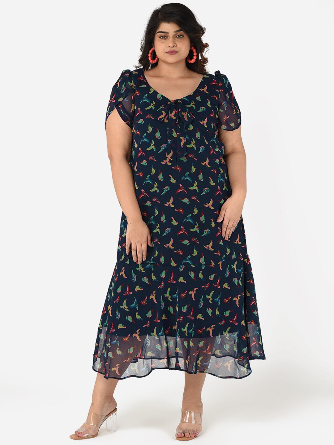 

Curvy Clan Plus Size Tie-Up Neck A-Line Midi Dress, Blue