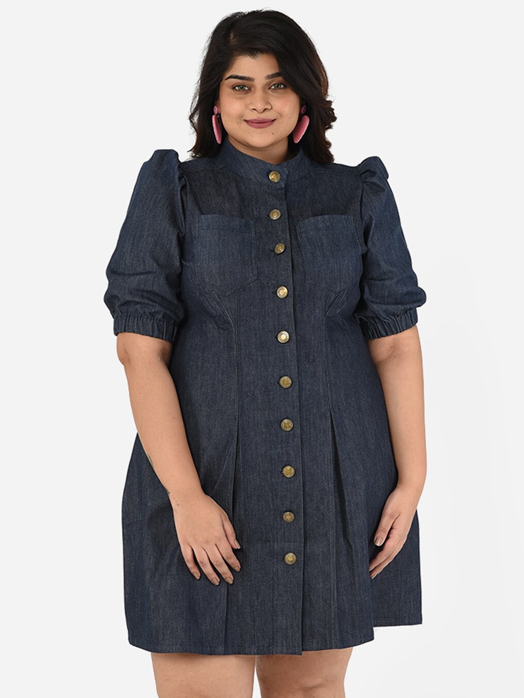 

Curvy Clan Mandarin Collar Denim Shirt Dress, Blue