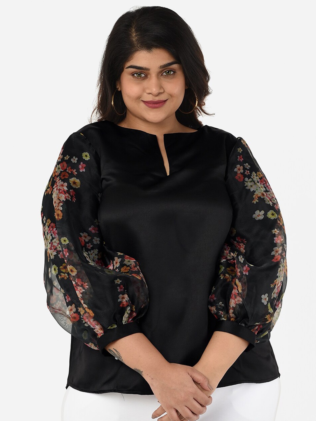 

Curvy Clan Floral Printed Satin Regular Top, Black