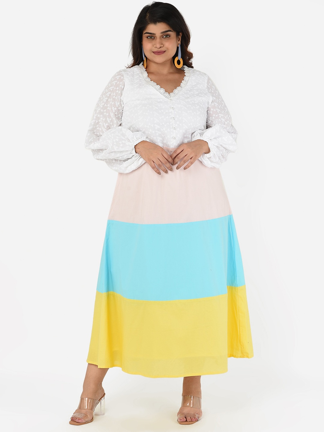 

Curvy Clan Colourblocked A-Line Cotton Maxi Dress, White