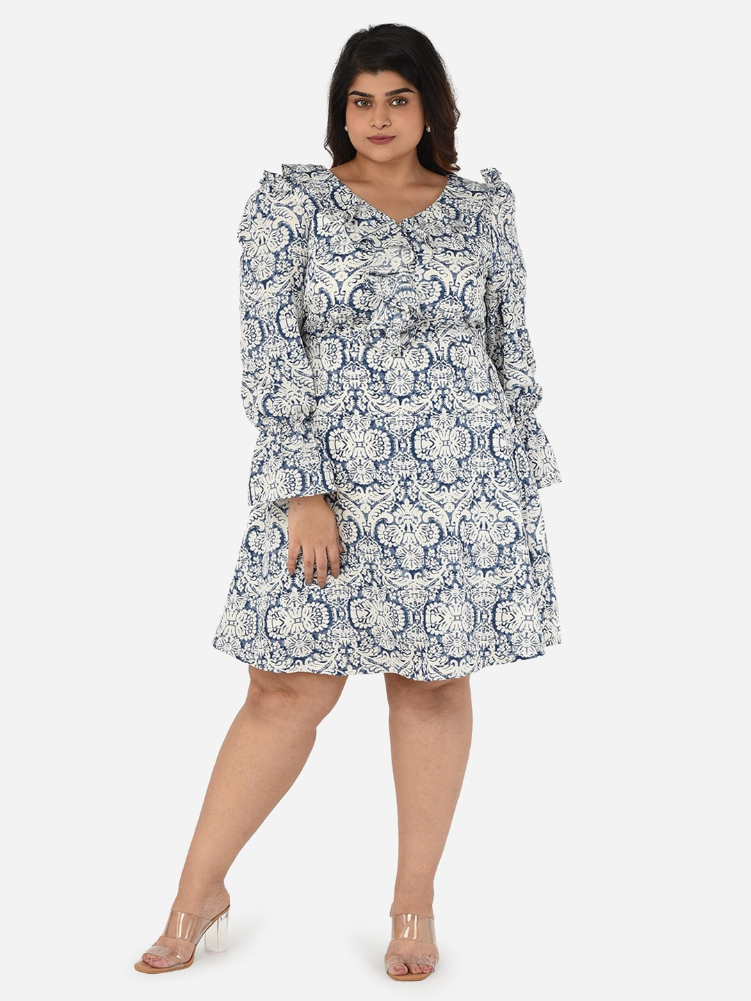 

Curvy Clan Plus Size Ethnic Motifs Printed Ruffles V-Neck Dress, Blue