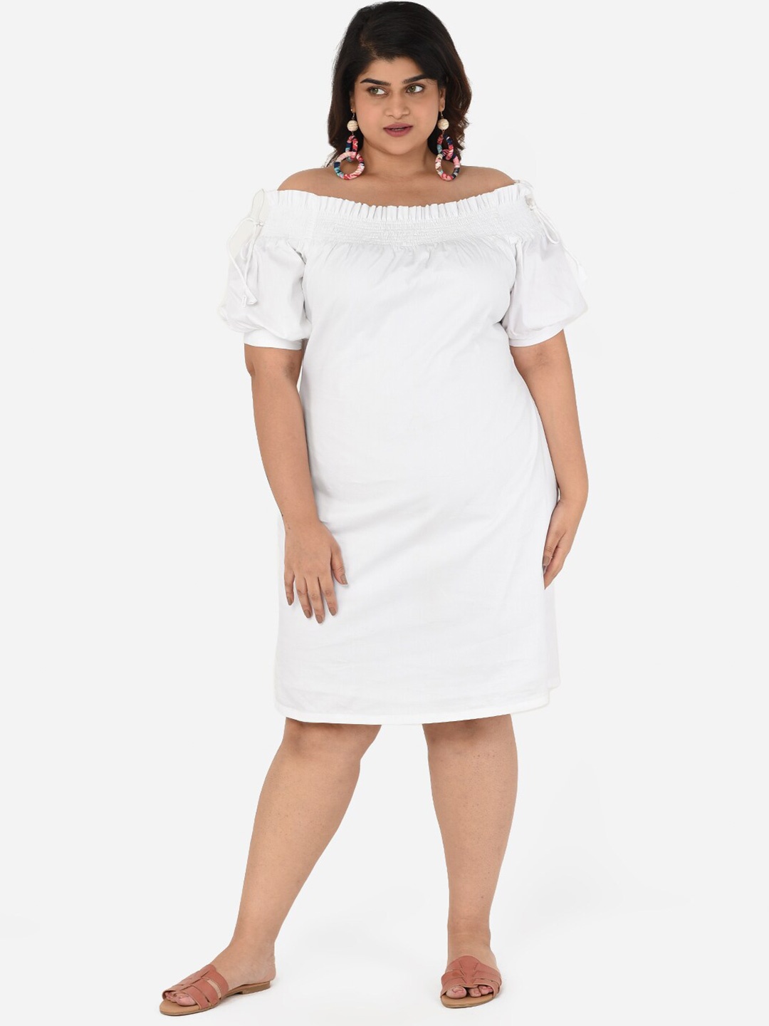 

Curvy Clan Plus Size Smocked Off-Shoulder Cotton Sheath Dress, White