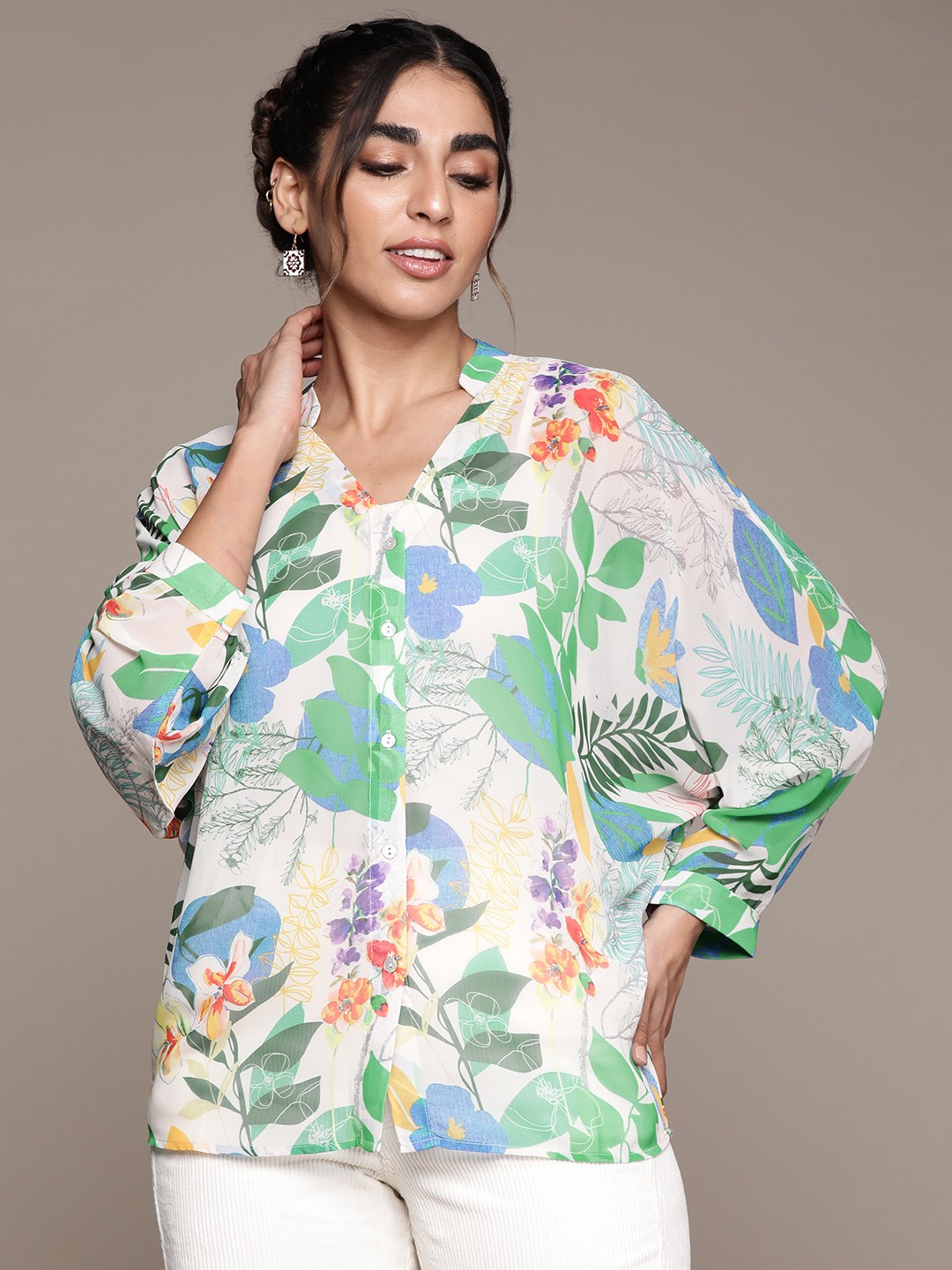 

aarke Ritu Kumar Floral Print Mandarin Collar Georgette Top, Off white