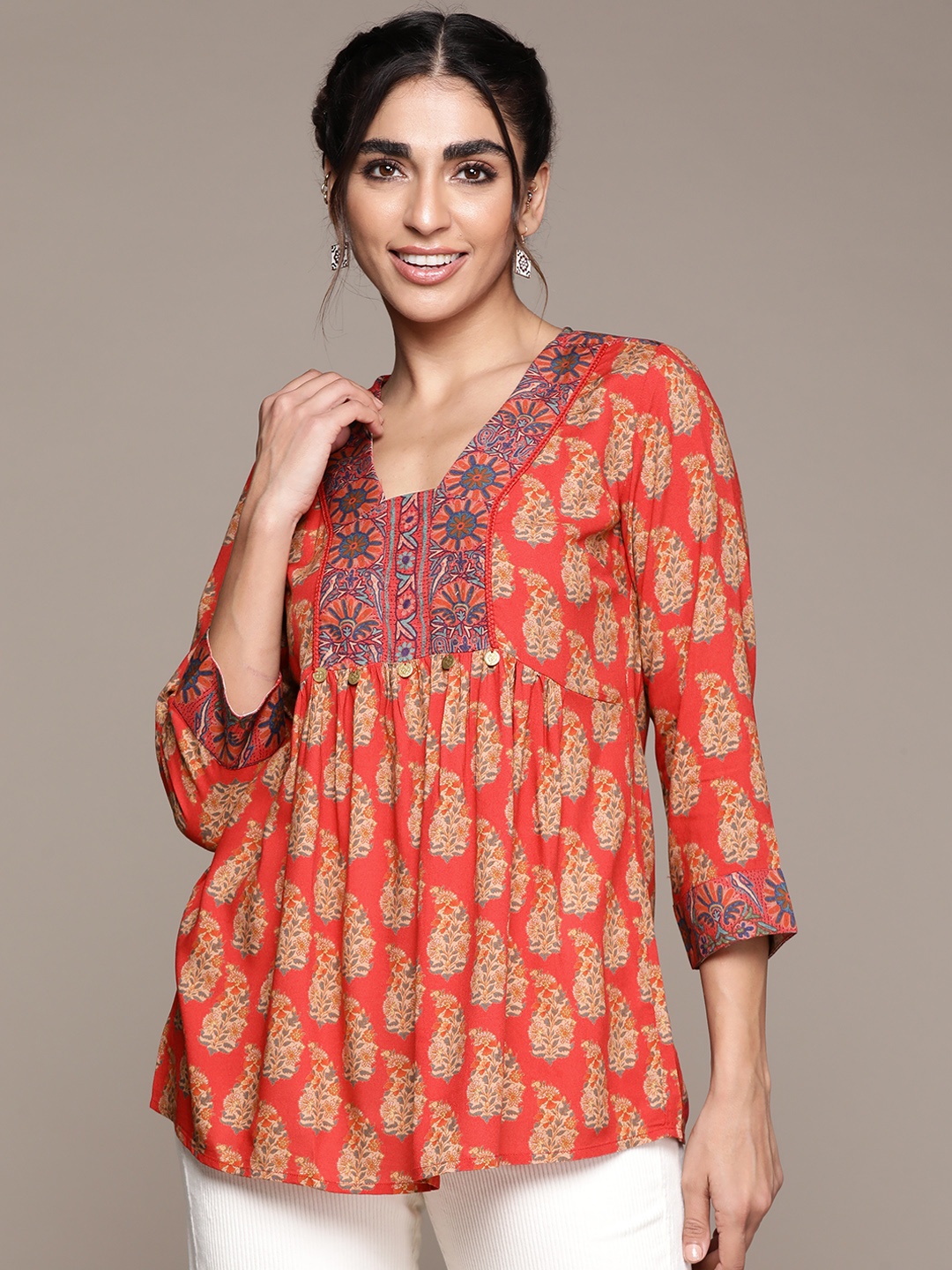 

aarke Ritu Kumar Ethnic Printed A-Line Top, Red