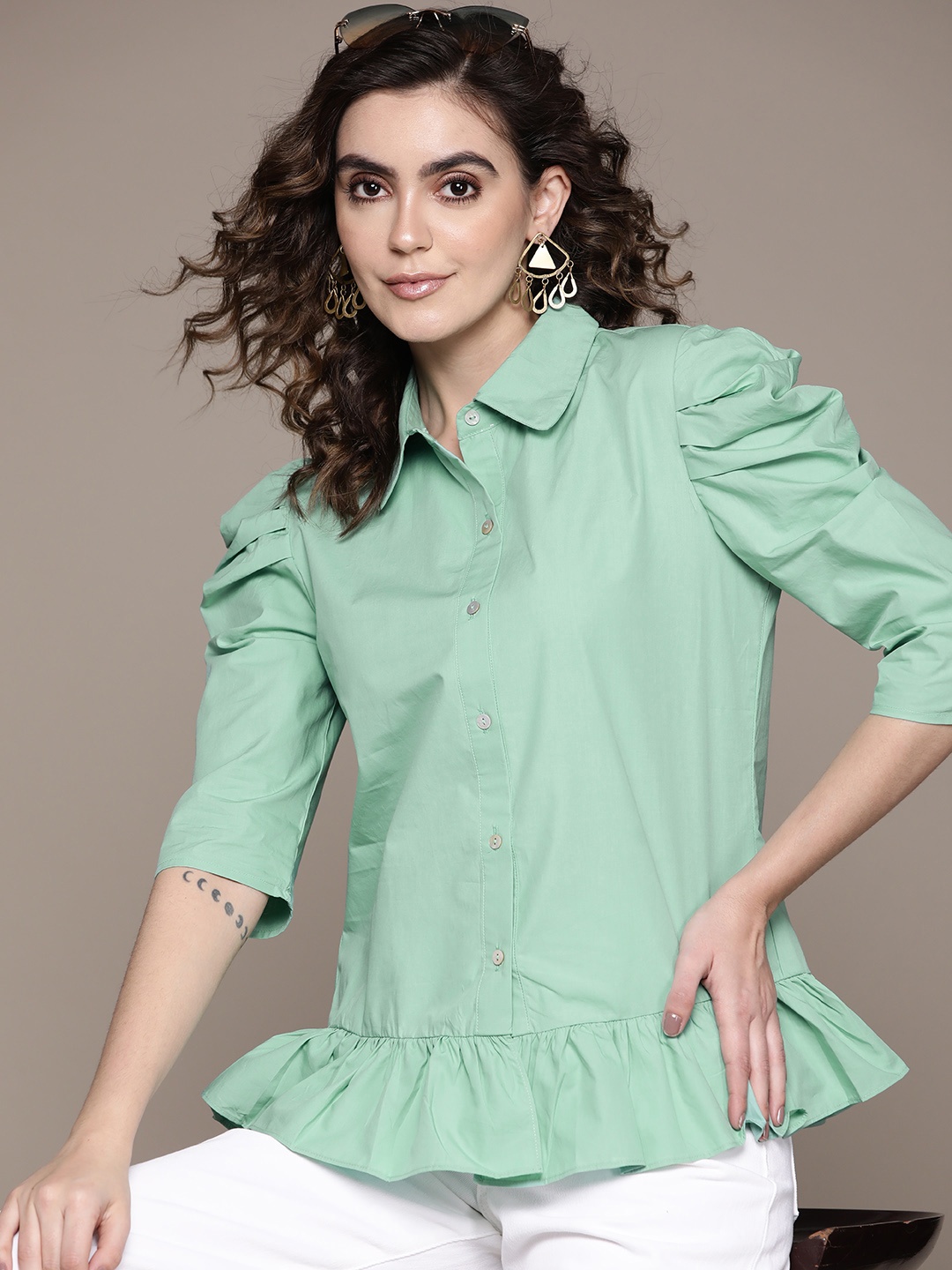 

aarke Ritu Kumar Shirt Style Cotton Top, Sea green