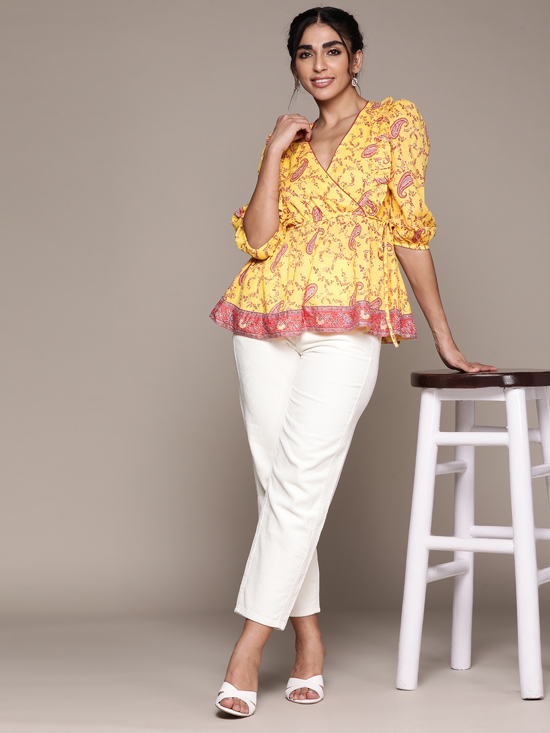

aarke Ritu Kumar Paisley Printed Pure Cotton Empire Top, Yellow