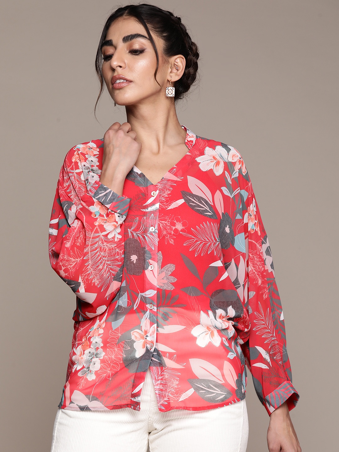 

aarke Ritu Kumar Floral Printed Mandarin Collar Georgette Shirt Style Top, Red