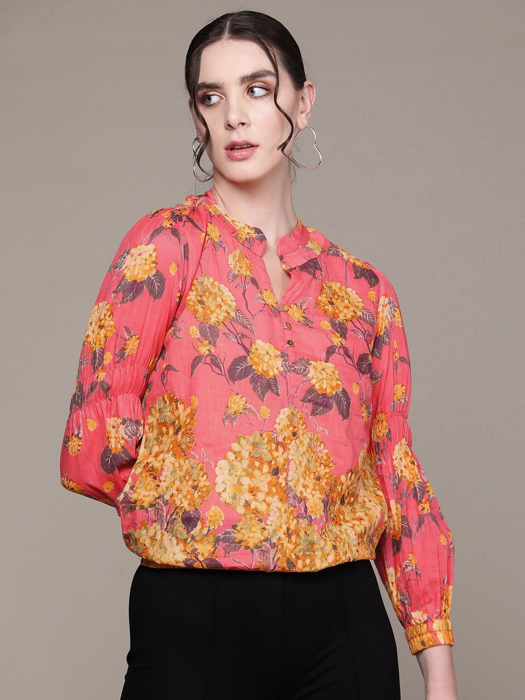 

aarke Ritu Kumar Floral Print Mandarin Collar Bishop Sleeves Cotton Top, Coral