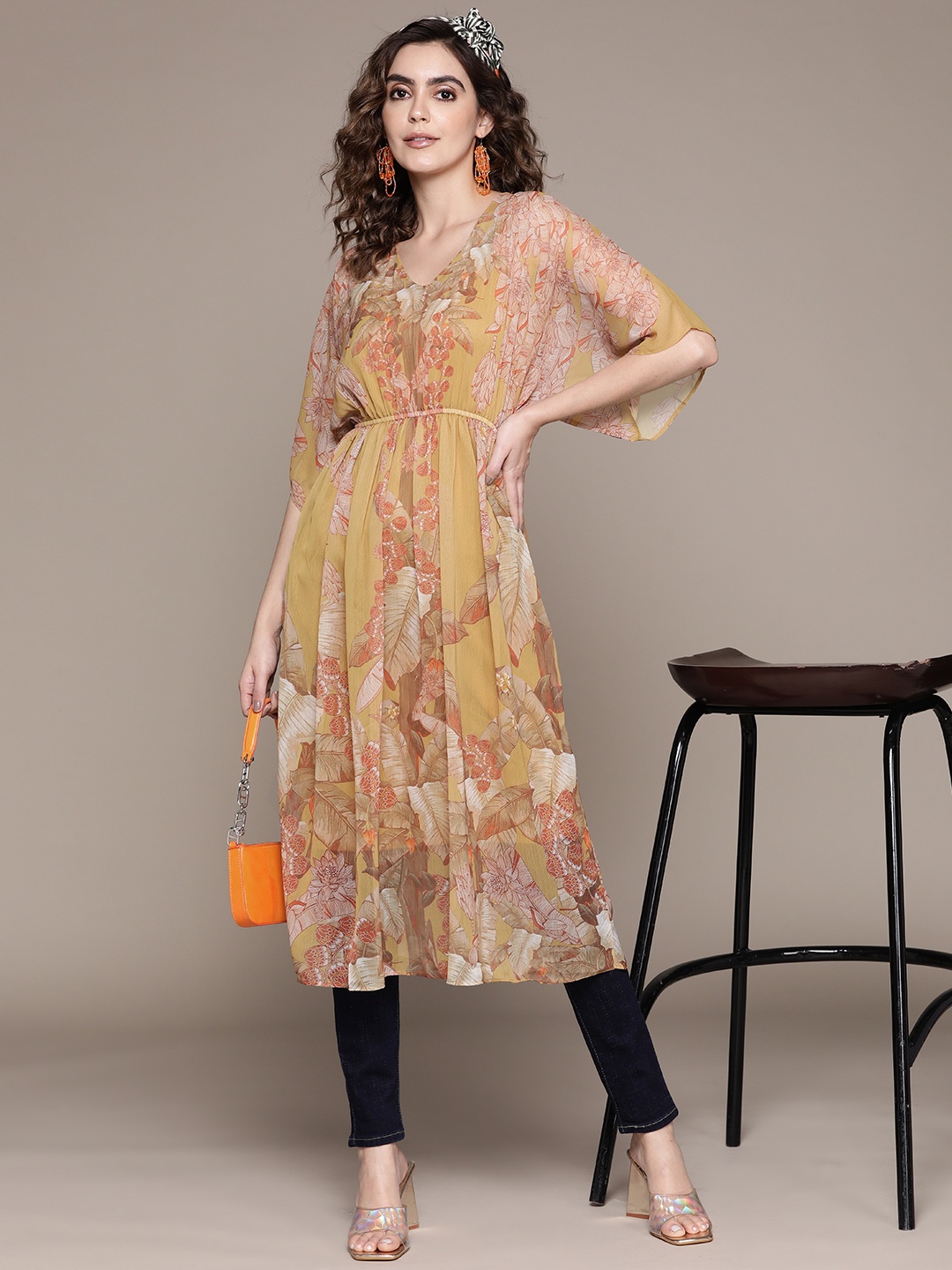 

aarke Ritu Kumar Women Floral Printed Flared Sleeves Kurta with Camisole, Yellow