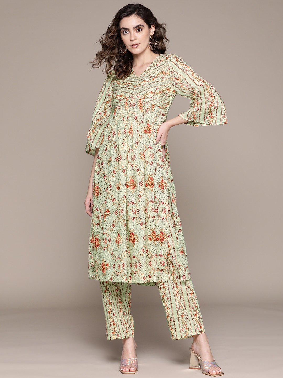 

aarke Ritu Kumar Floral Printed Pure Cotton Kurta with Trousers, Green