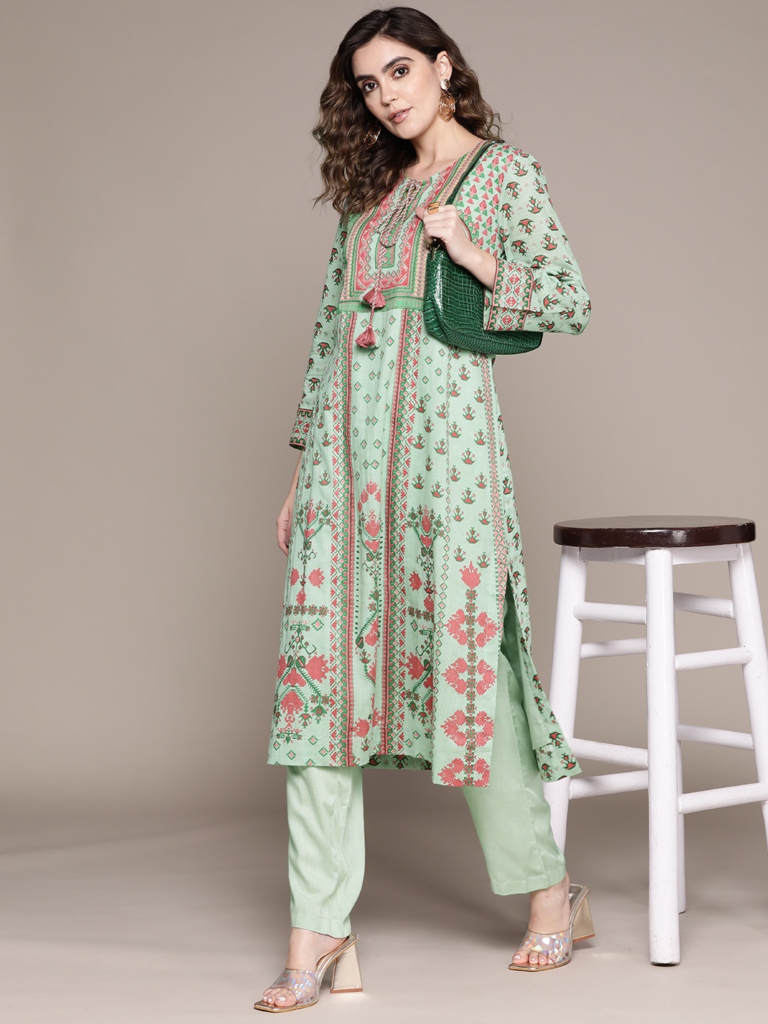 

aarke Ritu Kumar Ethnic Motifs Printed Pure Cotton Kurta with Trousers, Sea green