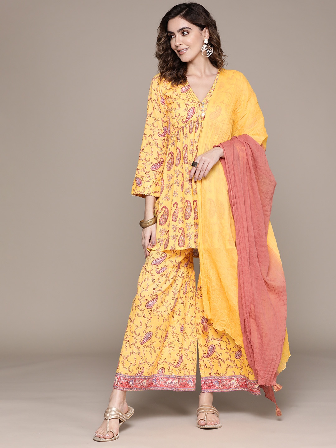 

aarke Ritu Kumar Women Yellow Paisley Printed Pleated Pure Cotton Kurta with Palazzos & With Dupatta