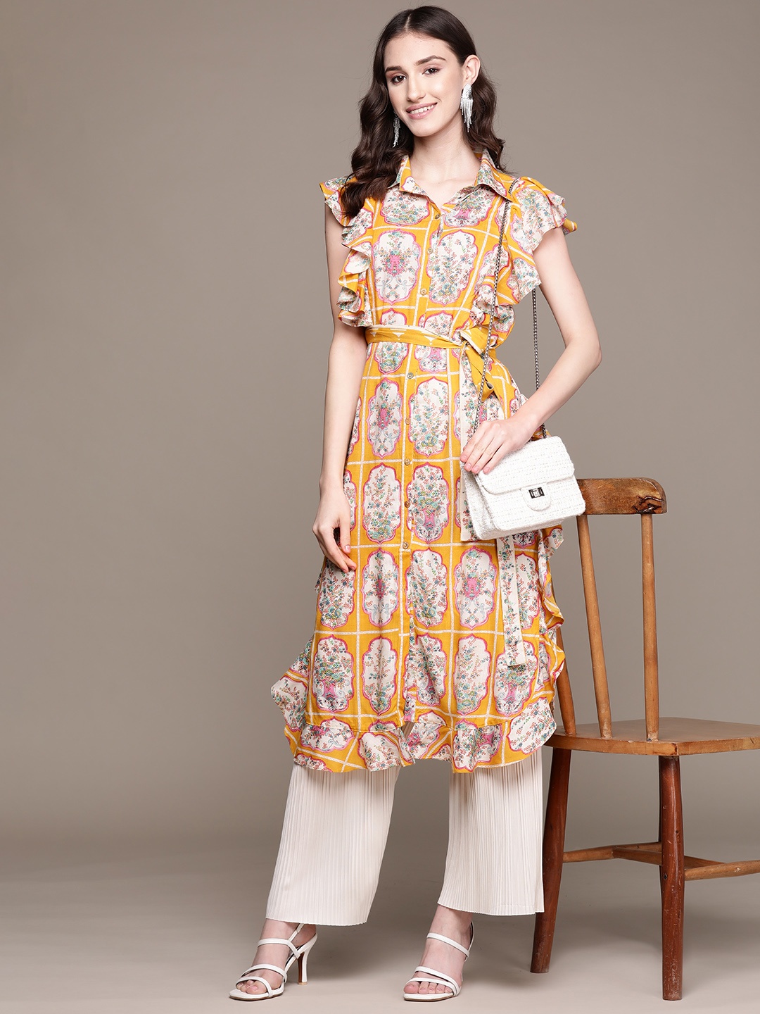 

aarke Ritu Kumar Floral Printed Flared Sleeves Kurta, Mustard