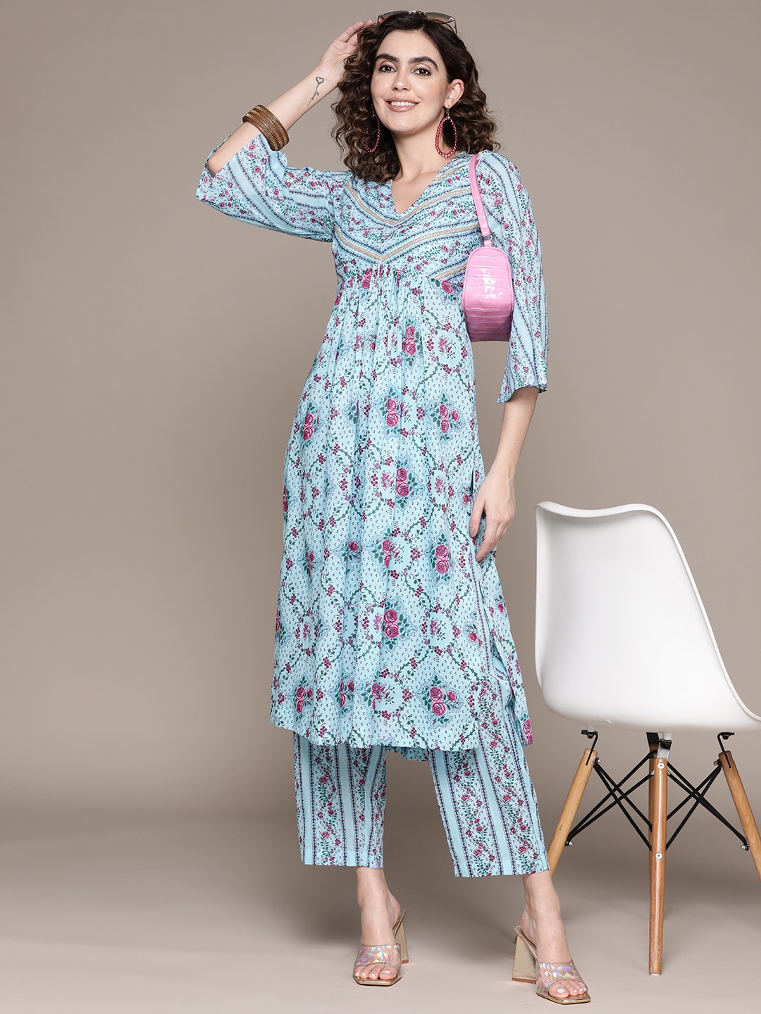 

aarke Ritu Kumar Women Floral Printed Pure Cotton Kurta With Trousers, Blue